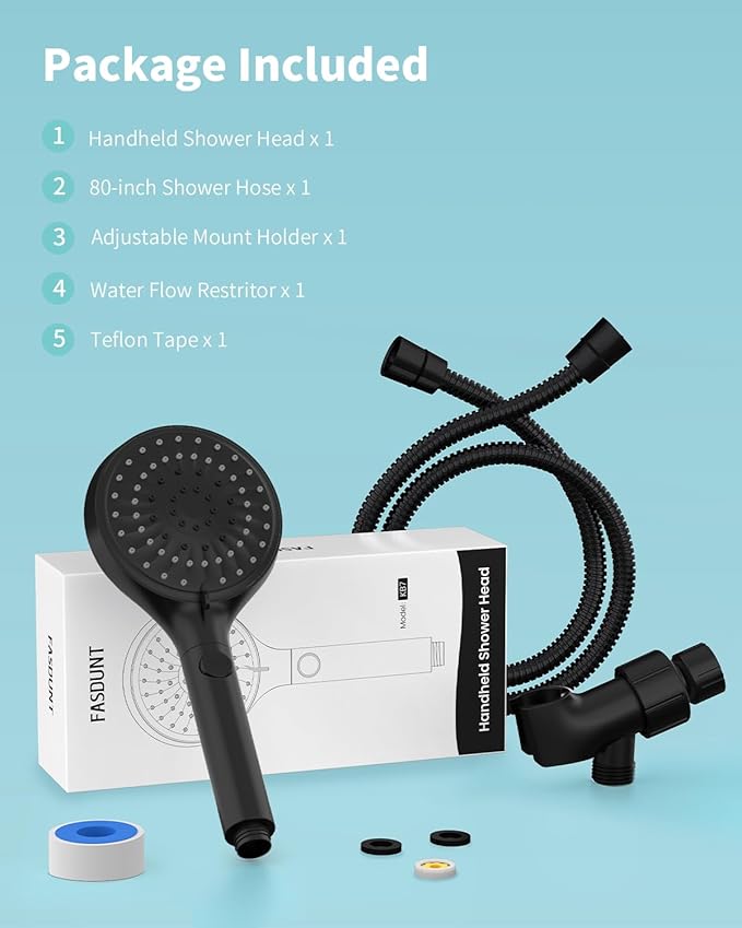 FASDUNT Shower Head with Handheld, High Pressure Handheld Shower Head with 80" Extra Long Stainless Steel Hose & Adjustable Bracket, Showerhead with ON/OFF Switch, Black