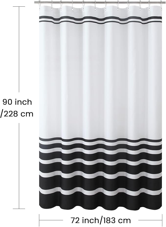 72x90 Inch Extra Long Shower Curtain, White and Black Ombre Striped Waterproof Fabric, Modern Hotel Spa Design with 12 Rustproof Grommets & Weighted Hem