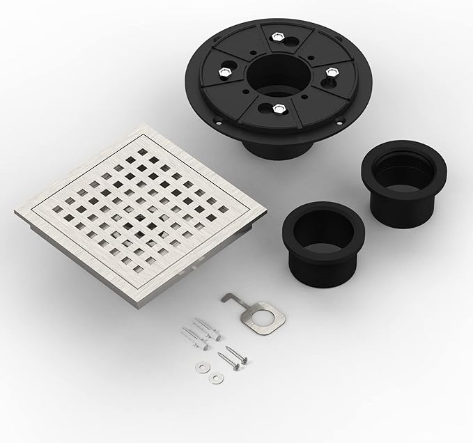 6 Inch Square Shower Floor Drain, Brushed Nickel High Flow Shower Drain Kit with Flange with Hair Filter, Removable Grate Cover, Stainless Steel, Abs Fixing Tray, CUPC Certified(Brushed Nickel)