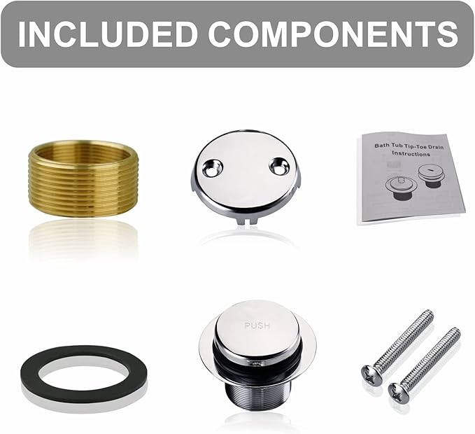 Chrome Bathtub Drain Tip-Toe Two-Hole,Welsan Tub Drain Trim Set Conversion Kit Assembly, Coarse Thread Replacement Trim Kit with 2-Hole Overflow Faceplate Includes an Adapter, Chrome Plated