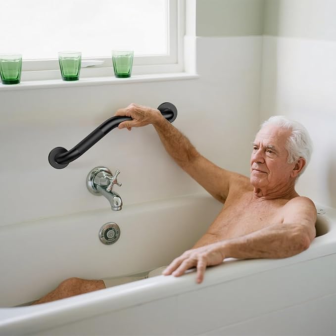 16 Inch Angled Shower Grab Bar Black, Munzong 2 Pack Anti Slip Bathroom Grab Bar, Knurled Bathroom Balance Bar,Safety Hand Rail Support Handicap Elderly Injury Senior Assist Bath Handle-1.25” Tube
