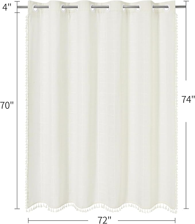 MitoVilla No Hooks Needed Boho Farmhouse Shower Curtain with Snap-in Liner, Cotton Linen Fabric Shower Curtains with Tassels for Rustic Neutral Bathroom Decor, Ivory, 72 x 74