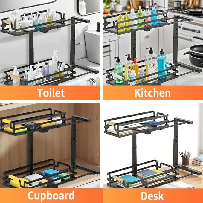 MIKEE Under Sink Organizer, 2 Tier Under Sink Organizers and Storage,Bathroom Cabinet Organizer with Adjustable Height, Pull Out Sink Shelf Cabinet Storage Shelves for Kitchen& Bathroom