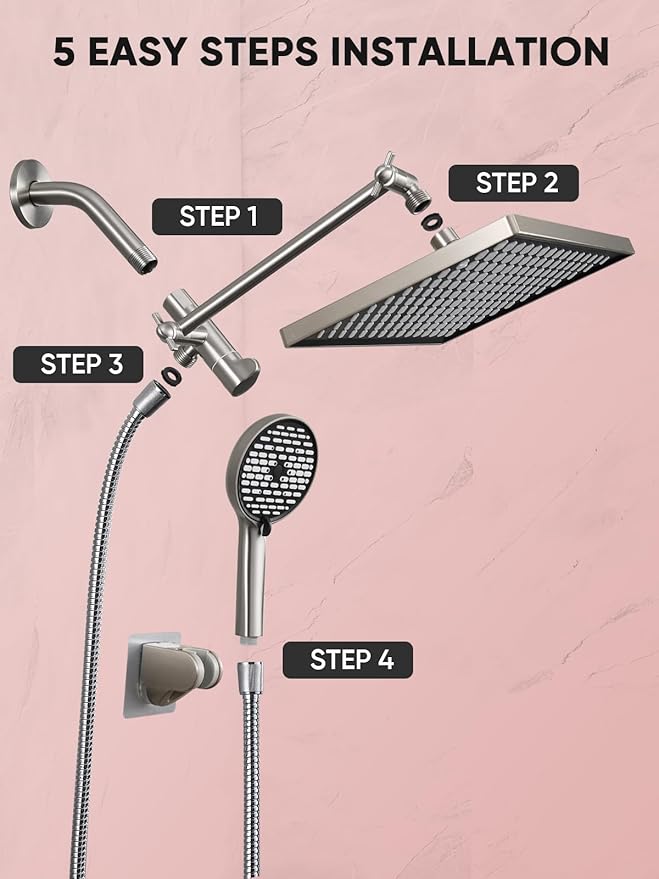 Cobbe 11.8 Inch Rain Shower Head with 6 Modes Handheld Water Spray,High Pressure Showerhead Combo with 11 Inch Adjustable Extension Arm, Brushed Nickel
