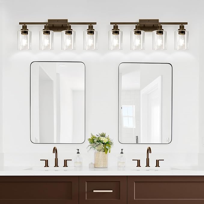 4-Light Bathroom Light Fixtures, Vanity Light with Clear Glass Shades, Oil-Rubbed Bronze Bathroom Light Fixtures Over Mirror, Modern Bathroom Wall Lamp for Mirror Living Room Cabinet Bedroom