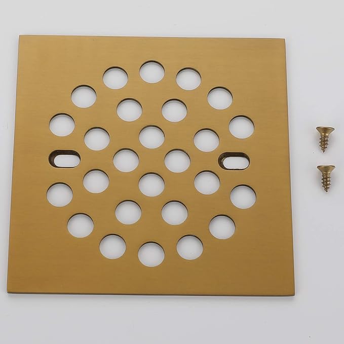 RRAJJ Square Improve 4-1/4 Inch(108mm*108mm) Screw-in Shower Floor Drain Grate Strainer (Brushed Gold)