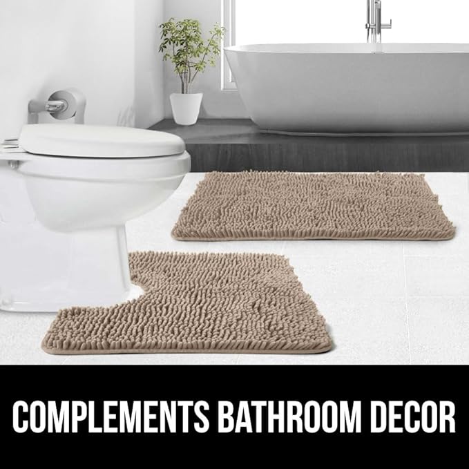 GORILLA GRIP Plush Absorbent Shaggy Chenille Bath Rug Mat for Oval Toilet Base with Rubber Backing, Machine Washable Rugs, Soft Microfiber Contour Mats for Toilets, Bathroom Decor, Gray Beige