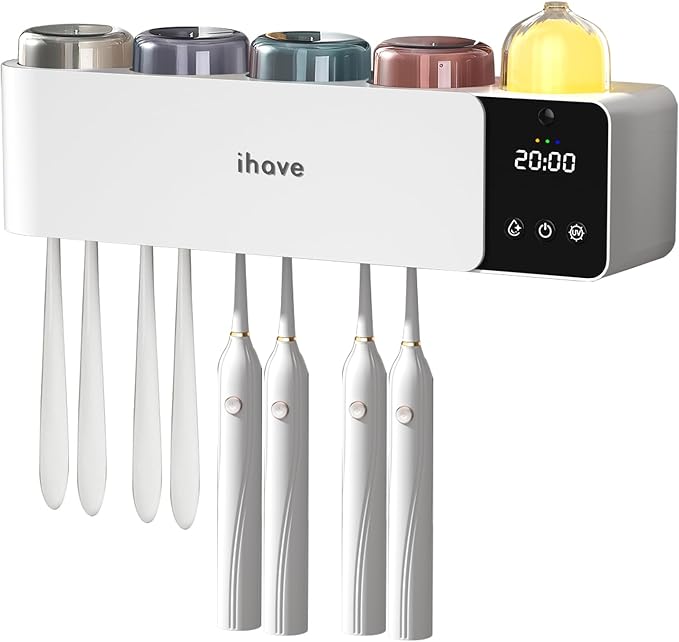 iHave Toothbrush Holders with UV Toothbrush Sanitizer, Aromatherapy Diffuser & IR Night Light - 4-Hour Smart Cruise Disinfection, Auxiliary Combo Drying - Wall-Mounted Bathroom Organizer with 4 Cups