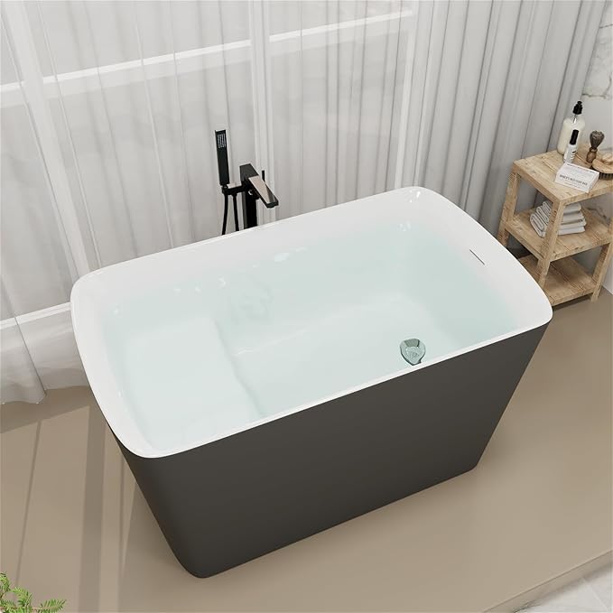 47" Lucite Acrylic Freestanding Bathtub,Square Shape Janpanese Soaking Tub with Seat Desgin,Toe-tap Chrome Right Drain, Slotted Overflow, cUPC Certified, 37° Gray