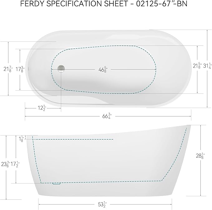 FerdY Lana'i 67" Freestanding Bathtub, Gracefully Shaped Freestanding Soaking tub, Glossy White, cUPC Certified, Brushed Nickel Drain Assembly Included
