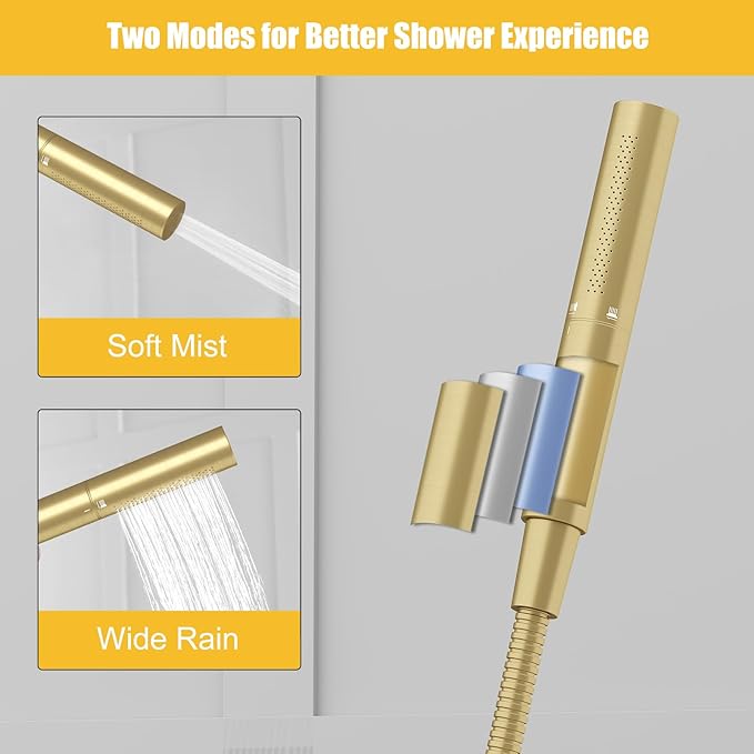 BESy Freestanding Bathtub Faucet Tub Filler Free Standing Floor Mount Stand Brass Bathroom Tub Faucets Sets with 2 Function Hand Sprayer Shower Wand Swivel Spout, Brushed Gold Finish
