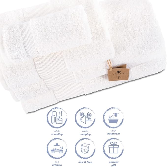 Hencely 6-Piece Bath Towel Set - High Absorbency, Quick Drying - 100% Soft Turkish Cotton - 2 Bath Towels, 2 Hand Towels, 2 Washcloths - for Bathroom, Home, Hotel, Spa, and Gym - 6-Pack White