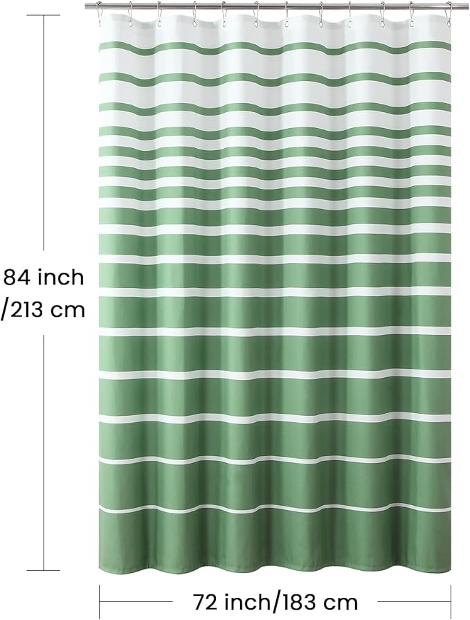 Extra Long Green Shower Curtain, Sage Green and White Stripe Waterproof Polyester Shower Curtains for Bathroom, 72x84 Inches