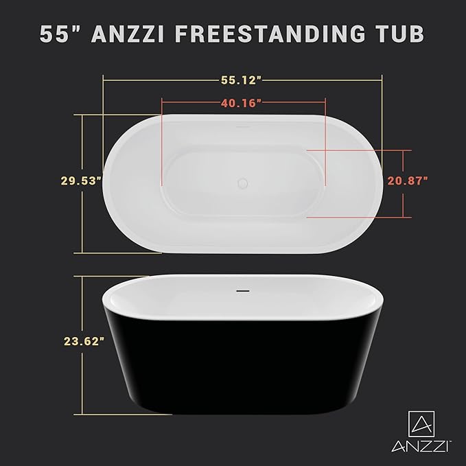 ANZZI 55 Inch Acrylic Freestanding Bathtub In Glossy White | Chand Pre-plumbed Solid Deep Soaker Tub With Built In Overflow And Drain | Soaking Stand Alone Tub 72 Gallons Capacity | FT-AZ098-55BK