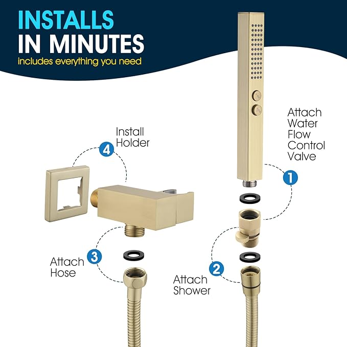 All-Metal High Pressure Square Handheld Shower Head with Jet Spray and Rainfall Modes, Volume Control Regulator, ON/OFF Switch, Hose and Wall Mounted Adjustable Bracket, Brushed Gold Color