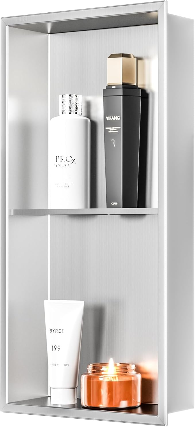 Stainless Steel Shower Niche 24" X 12", No Tile Needed Wall Niche Double Shelves, Recessed Niche Shower for Bathroom Storage, Brushed Nickel