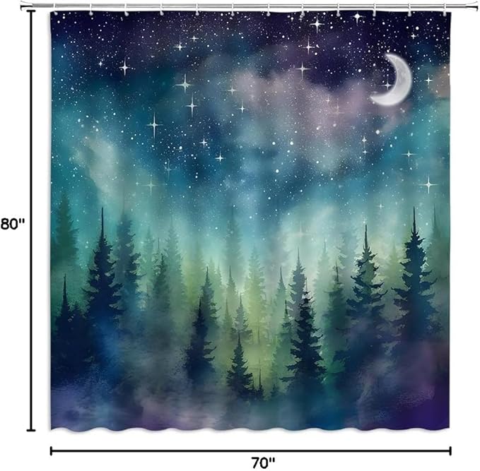 Forest Moon Shower Curtain Watercolor Misty Forest Fantasy Starry Sky Galaxy Nature Gothic Scenery Abstract Outdoor Bathroom Decor Curtains with Hooks, Purple 70" L x 78" W