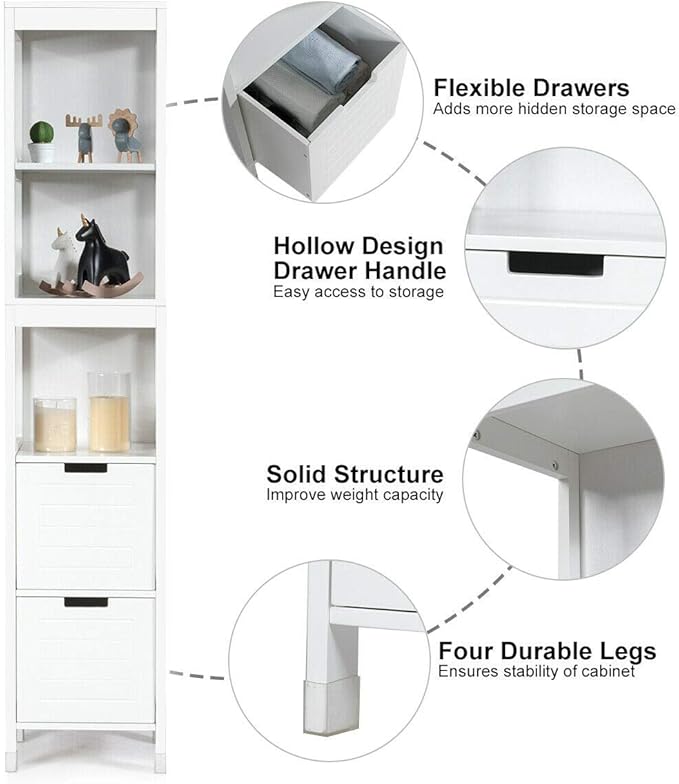 Tangkula Tall Bathroom Storage Cabinet, Freestanding 57" H Tall Slim Bathroom Floor Cabinet with 3 Tier Open Shelves and 2 Drawers, Multifunction Organizer Wooden Tower (White)