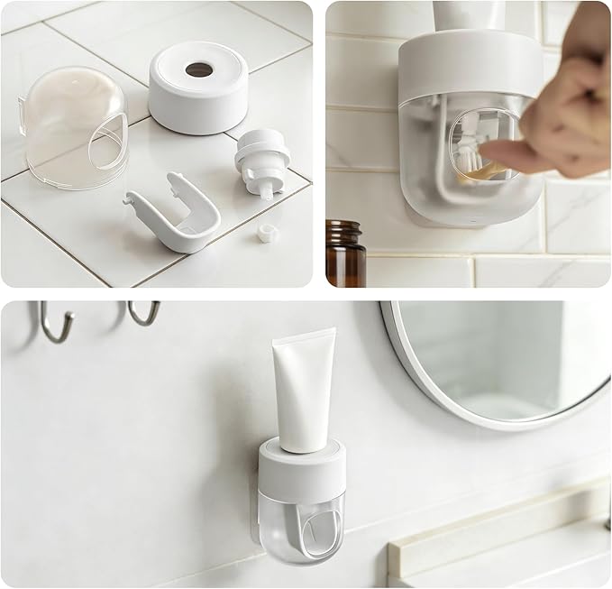 Toothpaste Dispenser, Automatic Squeezer, Multi-Functional No-Drill Wall-Mounted, White