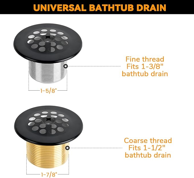 Matte Black Trip Lever Bath Tub Drain Kit, Universal for 1-1/2" and 1-3/8" Bathtub Drain Replacement, No Putty Installation Tub Drain Set with Trip Lever Overflow Faceplate and Strainer, Tub Trim Kit