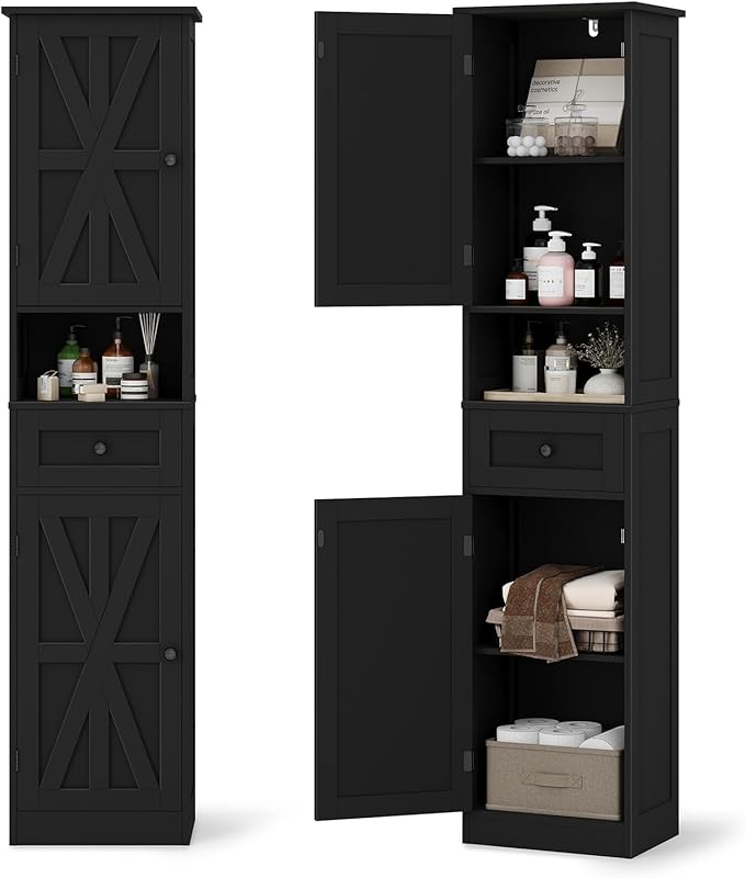 67" H Tall Bathroom Cabinet, Narrow Storage Cabinet with 2 Barn Doors and 1 Drawer, Freestanding Floor Cabinets with 5 Shelves and Open Storage Shelf for Bathroom, Living Room, Kitchen, Black