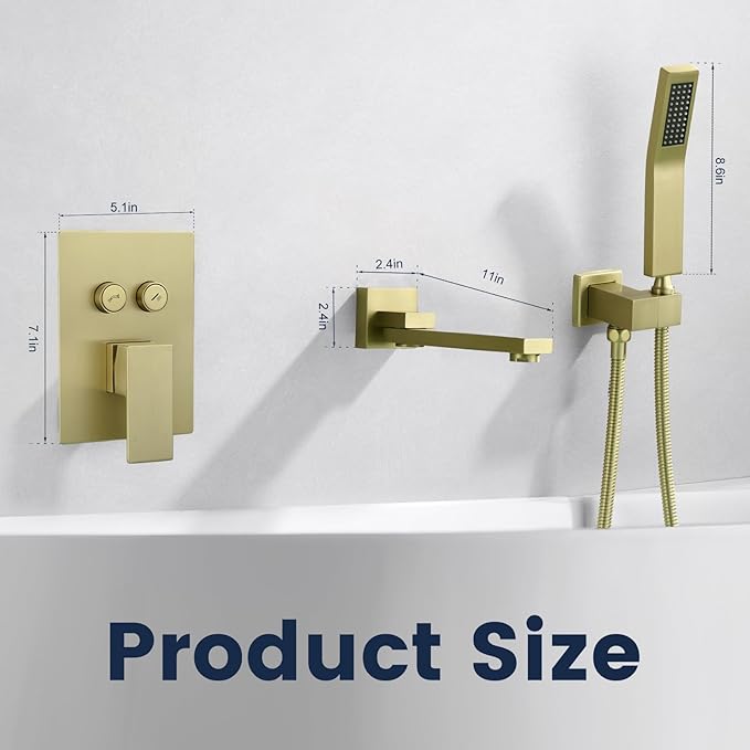 Wall Mount Bathtub Faucet Set Included 180°Swivel bathroom Tub Filler faucets and handheld Shower,high Flow Tub Spout with Solid Brass Push-button Diverter Pressure Balance Valve,Brushed Gold