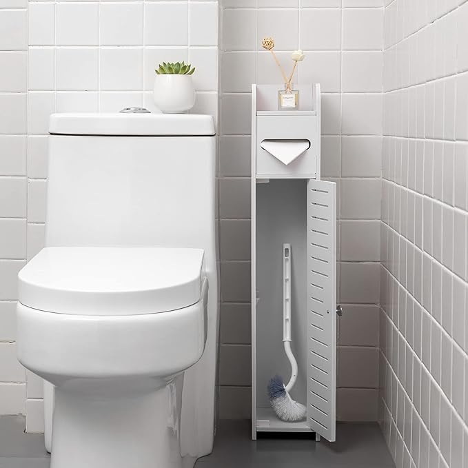 AOJEZOR Toilet Paper Holder Stand: Small Bathroom Storage Cabinet for Small Spaces,White