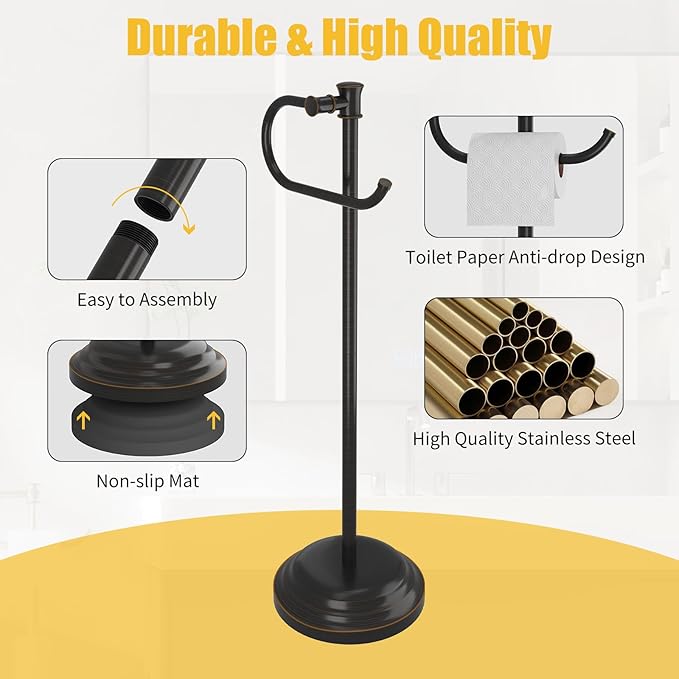 BESy Toilet Paper Holder Free Standing Bathroom Toilet Tissue Holder Stand for Floor Toilet Paper Roll Holder with Storage Hardware Accessories Rack Hand Towel Bar Oil Rubbed Bronze Stainless Steel