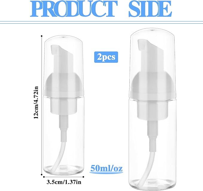 2 Pack Foam Pump Bottle Travel Small Size Mousse Foam Soap Dispenser Mini Empty Clear Plastic Foaming Soap Dispenser Refillable Pump Containers for Face Wash Lash Shampoo Skin Care 50 ml/1.7 oz