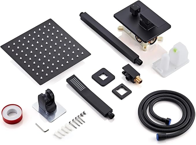 12 Inch Shower Faucet Set Ceiling Mount, High Pressure Rainfall Shower System, Square Rain Shower Spray Combo Luxury Shower Fixtures Matte Black