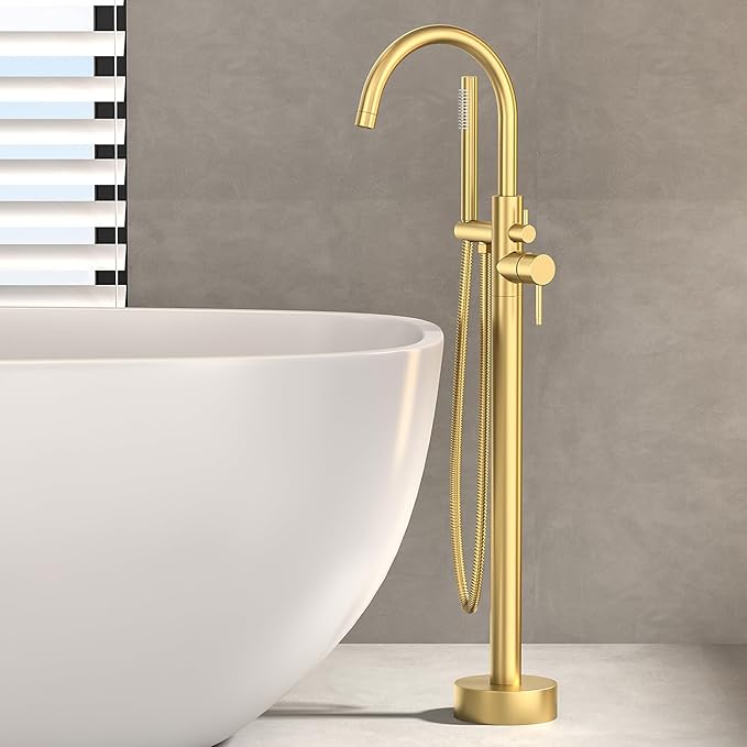 Freestanding Bathtub FaucetFloor Mount Bathtub Filler Shower Mixer Faucet with Handheld Shower Sprayer Swivel, Side Inlet,Gold