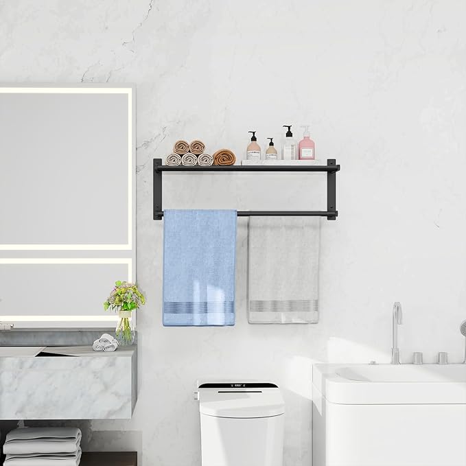 Towel Racks for Bathroom, 24 Inch Bath Towel Shelf with Double Towel Bar, Stainless Steel Towel Rack Wall Mounted, 2 Tier Towel Storage for Bathroom Wall Mounted, Black