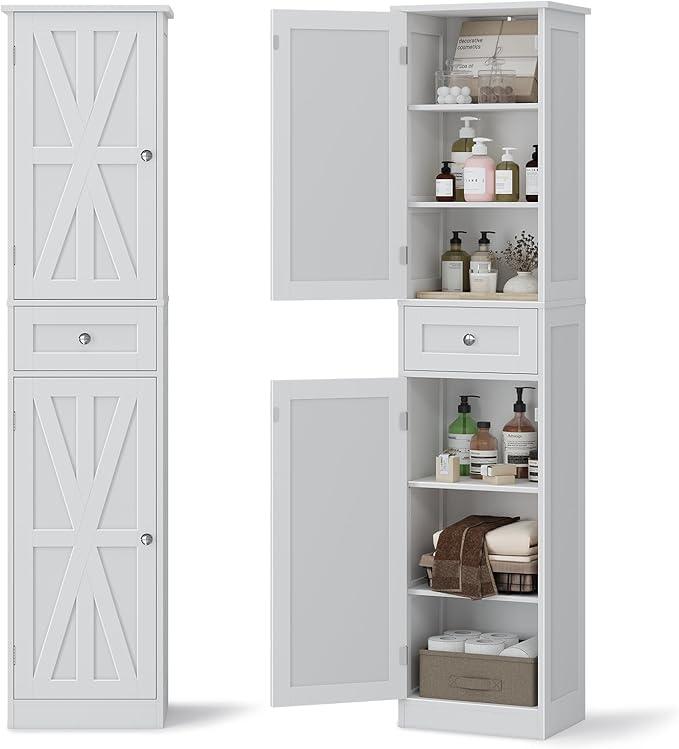 67" H Tall Bathroom Cabinet, Narrow Storage Cabinet with 2 Barn Doors and 1 Drawer, Freestanding Floor Cabinets with 6 Shelves for Bathroom, Living Room, Kitchen, White