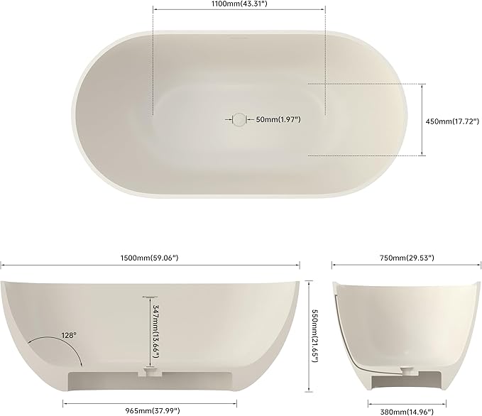 Premium 59" Warm Grey Solid Surface Free Standing Bathtub, Upgraded Oval Resin Stone Tub with Overflow and Pop-up Drain