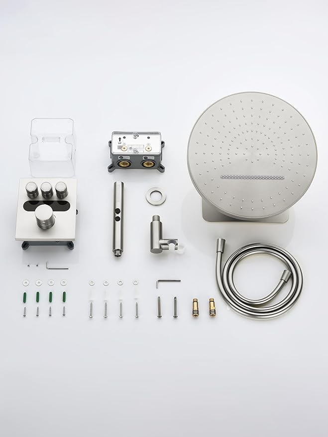 Lefton Shower System in Fahrenheit Display (Battery-free), 13” Overhead Round Rainfall Shower Head with All-in-one Handheld Spray Showerhead, 4-in-1 Control System, SSWM2501 (Brushed Nickel)
