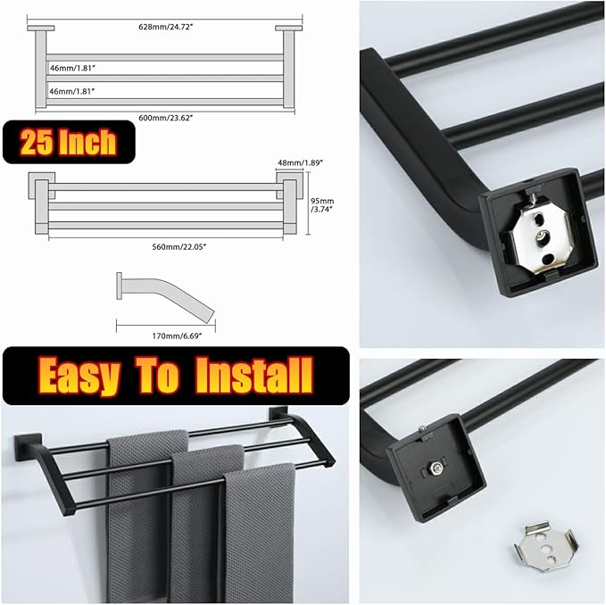 Alise Bath 3 Towel Bars,Towel Holder Towel Racks for Bathroom Wall Mount,Heavy Duty SUS304 Stainless Steel Towel Hanger Towel Rails,Matte Black,24-Inch