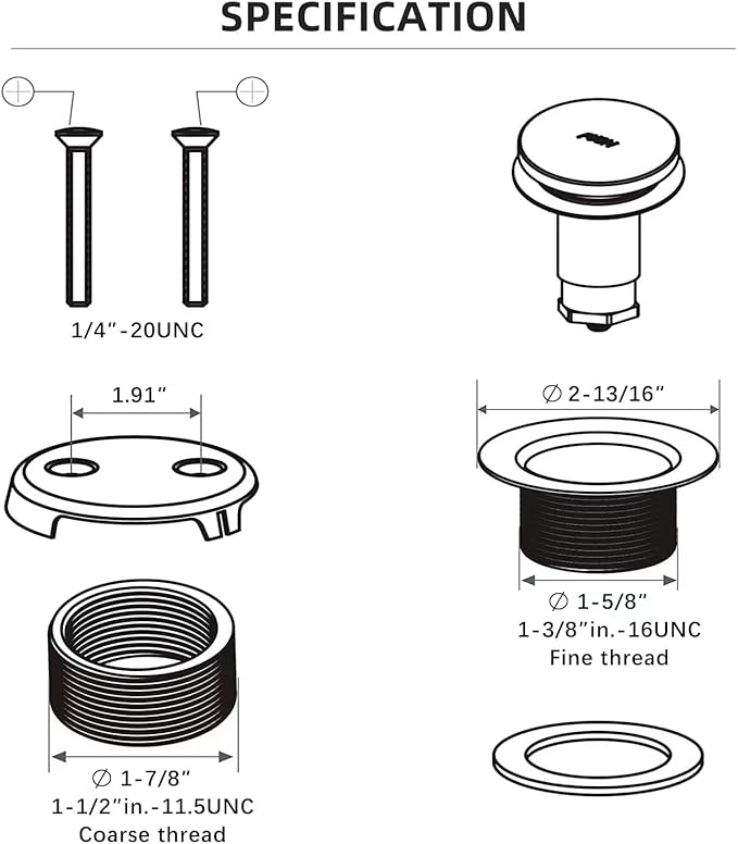 All Metal Tip-Toe Bathtub Drain Kit with Two-Hole Overflow Faceplate and Universal Fine/Coarse Thread Assembly, Bath Tub Drain Kit fits All Bathtub -Brushed Gold