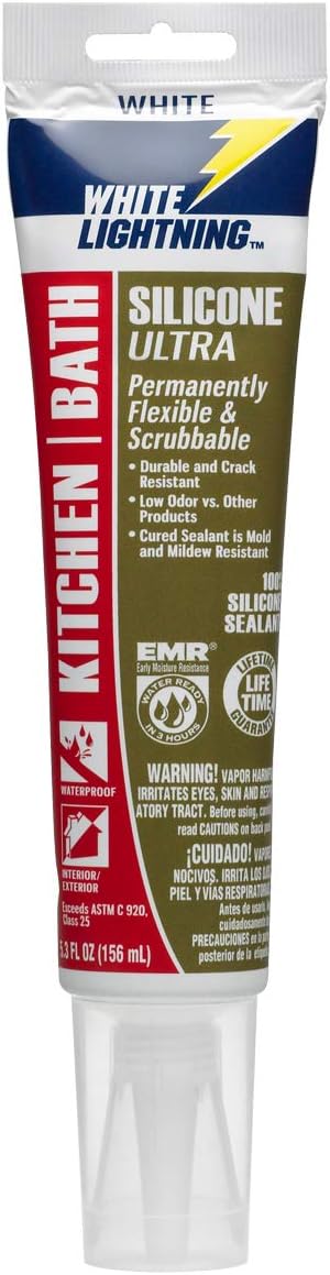 White Lightning W21100005 Silicone Ultra Kitchen & Bath Sealant, White, 5.3 fl. oz.