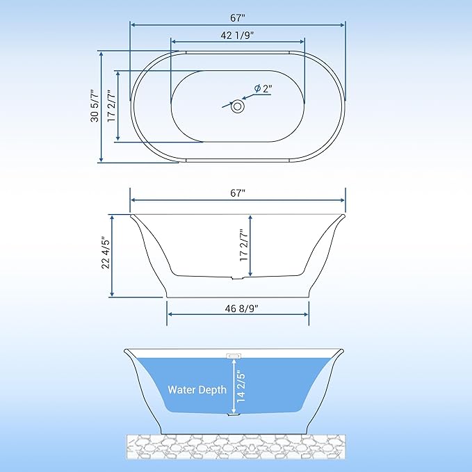 67" Free Standing Tub, Acrylic Soaking Bathtub, Stand Alone Freestanding Tub with Matte Sliver Drain and Overflow, Contemporary Bathtub for Bathroom, Grey