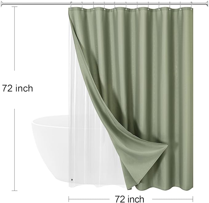 MitoVilla 3 in 1 Shower Curtain Set, Sage Green Boho Farmhouse Linen Textured Bath Curtain and Clear PEVA Liner Set with 12 Double Sided Steel Hooks, Waterproof Fabric Hotel Bathroom Curtain - 72x72