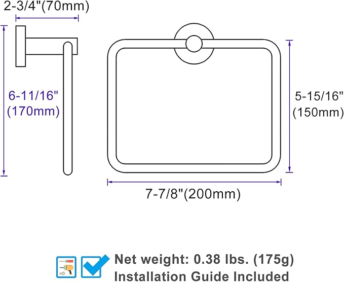 Angle Simple Square Towel Ring Brassy Gold, SUS 304 Stainless Steel Swivel Hand Towel Holder for Bathroom, Wall Mount, 7.87 Inches