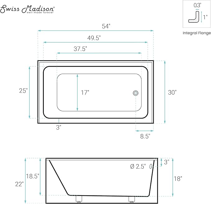 Voltaire 54" X 30" Right-Hand Drain Alcove Bathtub with Apron