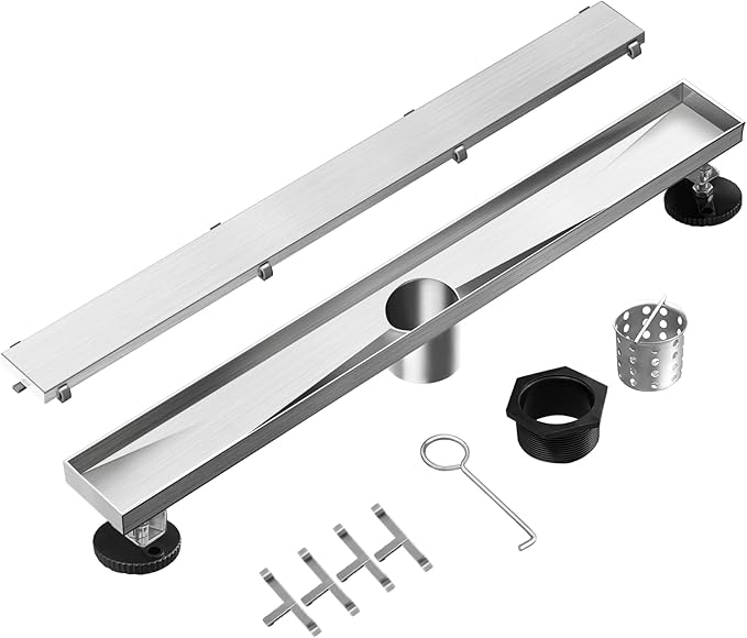 Linear Shower Drain, 60 inch Drain with Tile Insert 2-in-1 Panel, Brushed 304 Stainless Steel Shower Floor Drain, Linear Drain with Hair Strainer and Adjustable Feet
