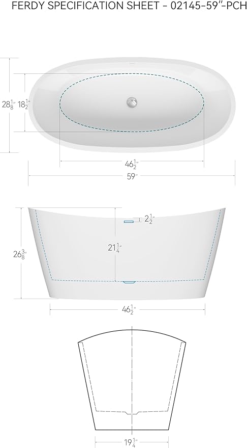 FerdY Naha Elite 59" Acrylic Freestanding Bathtub, Curve Edge Freestanding Soaking Bathtub, Glossy White, cUPC Certified, Chrome Drain & Minimalist Linear Design Overflow Included