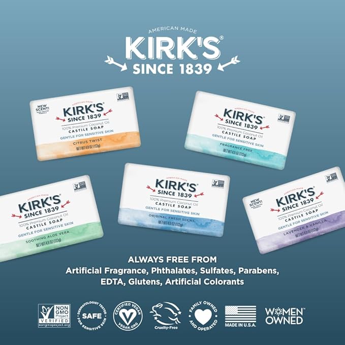 Kirk's Castile Bar Soap for Men, Women & Children - Made with Premium Coconut Oil, Sensitive Skin Formula, Vegan, Non GMO, Aloe Vera, 4 oz. Bars 6 Pack
