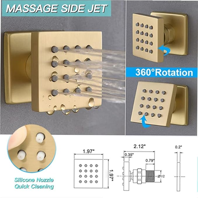 Brushed Gold Shower System with 12 inch Ceiling Mounted Shower Head and Handheld Shower, 4 PCS Body Jet, with Digital Temperature Display Function