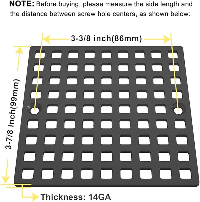 2PC 3-7/8" Matte Black Shower Drain Cover - Square Floor Drain Cover Replacement - Hair Catcher/Drain Strainer for Bathrooms, Showers, and Sinks - SUS304 Stainless Steel & CUPC Certified