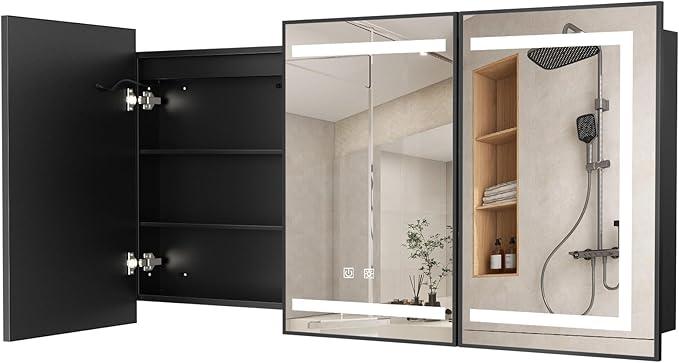 APRILSOUL 60X32 Inch Black Bathroom Medicine Cabinet with Mirror, Recessed or Surface Lighted Medicine Cabinet with 3 Colors Temperature, Dimmable Light