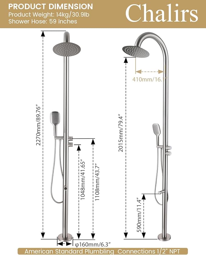 316 Marine Grade Stainless Steel Free Standing Outdoor Shower with Foot Wash, 3-Function Nickel Shower Kit with 10''Rain Shower Head,Outdoor Shower Fixture for Backyard Beach Poolside