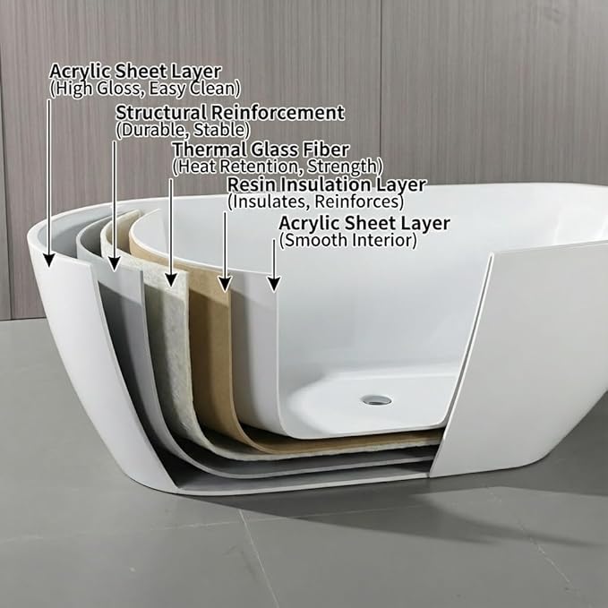 67" Freestanding Acrylic Bathtub, Deep Soaking Tub with Non-Slip Base & Chrome Drain, cUPC Certified, White Pearl